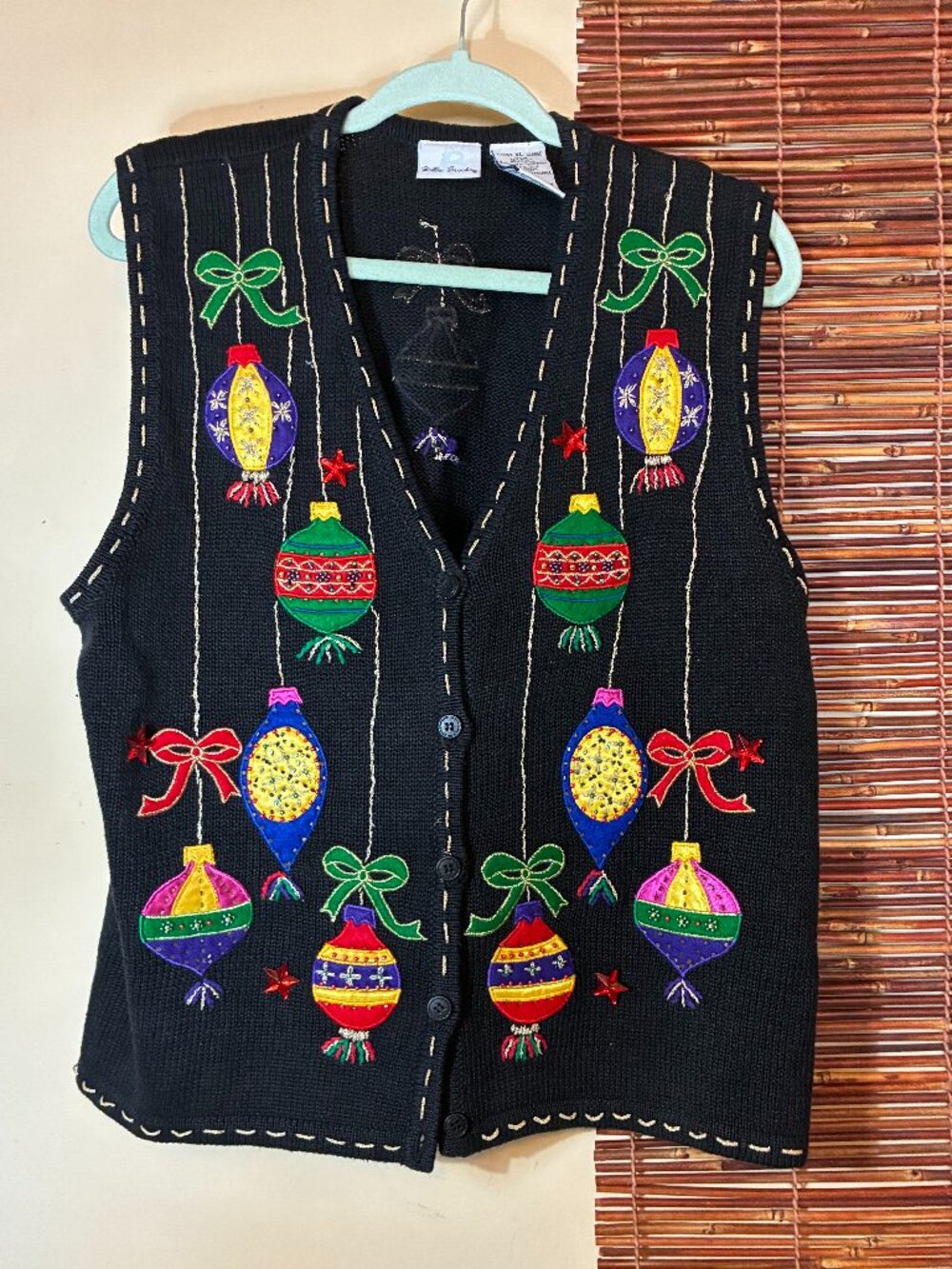 Vintage Bobbie Brooks Christmas Ornaments Embroidered Holiday Sweater Vest XL